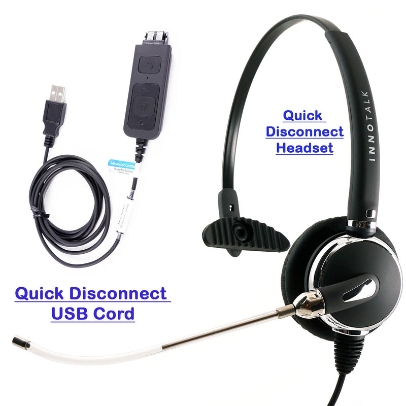 Voice Tube Monaural PC Headset with USB Headset Adapter, Volume control and Mute in-line control - Jabra compatible QD