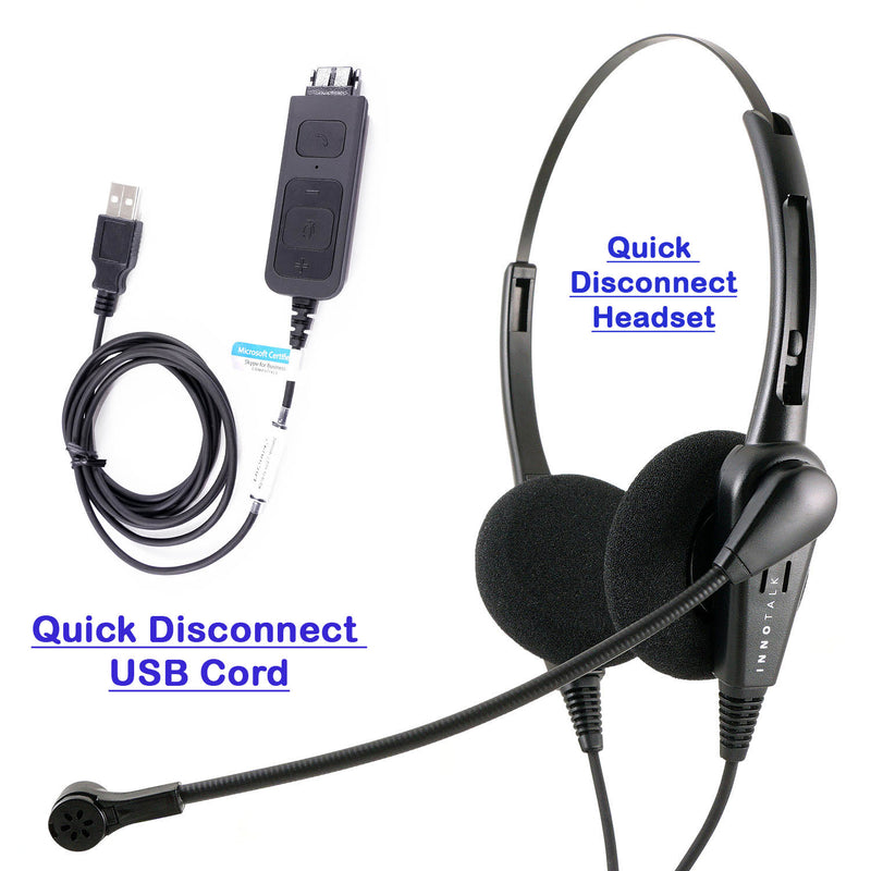 Noise cancelling Computer headset with USB Adapter built in In-Line control Board, Volume and Mute control, Jabra compatible QD