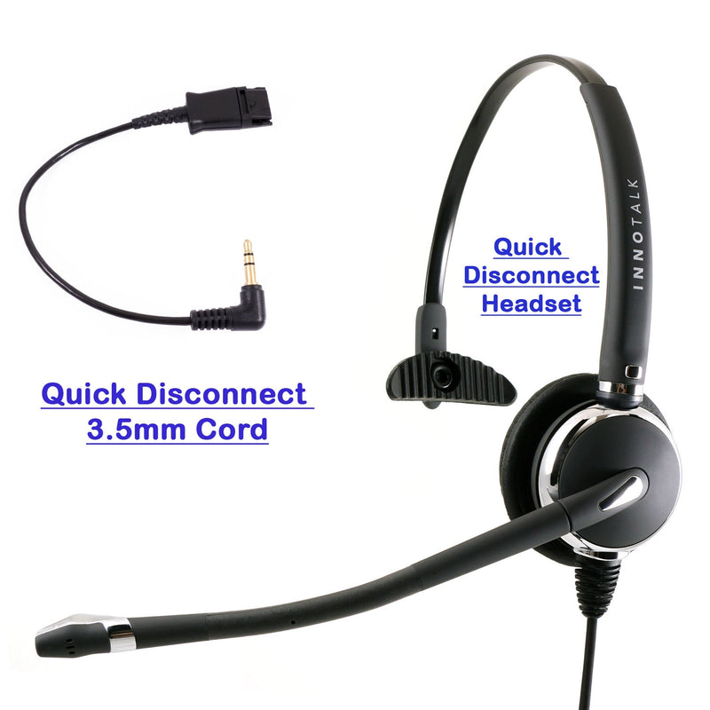 INNOTALK Deluxe 3.5 mm Plantronics Compatible Quick Disconnect Monaural Headset for Lap Top Computer, Smart iPhone.